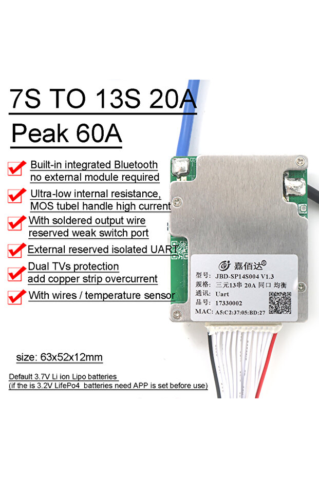 7S -13S 20A 60Apeak JBD Bluetooth 7S to 14S 13S Lithium Battery Protection Board Smart BMS Balance 2