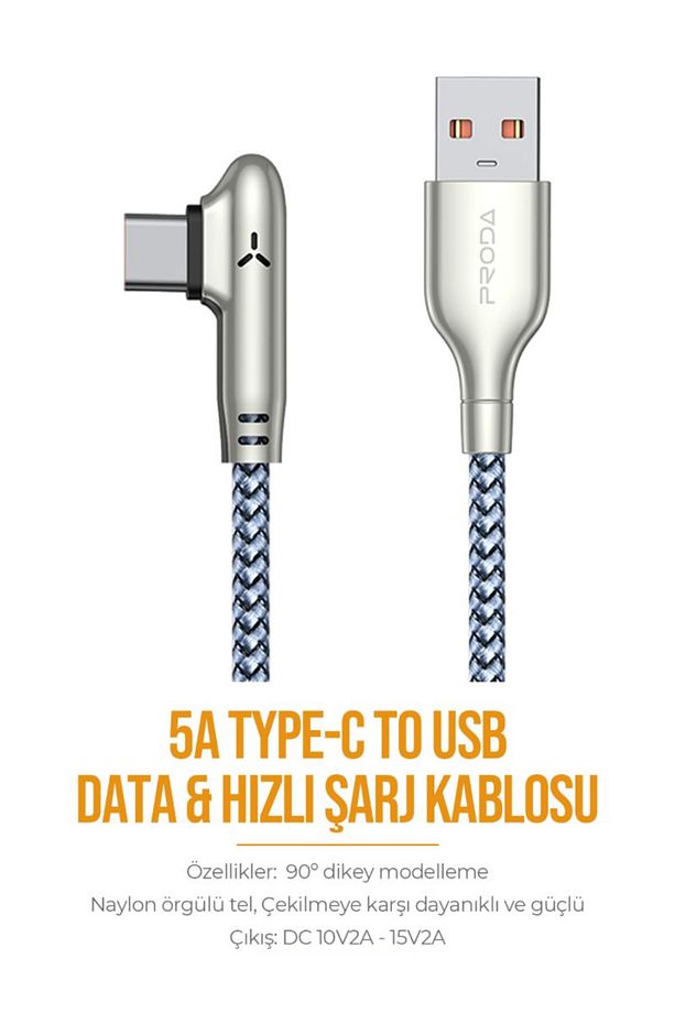 30 Watt Oyuncu Şarj Kablosu Usb Type-C 5.0 Amper 90 Derece Halat Kablo - 3