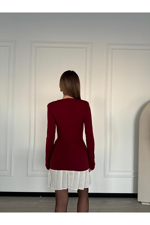 KIRMIZI PİLELİ MİNİ ELBİSE - 4