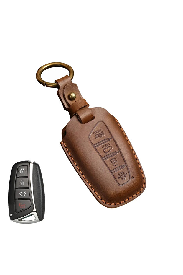 4button brown Car Handmade Leather Key Case Holder For Hyundai Grand Santa Fe 3 DM IX45 IX35 Genesis