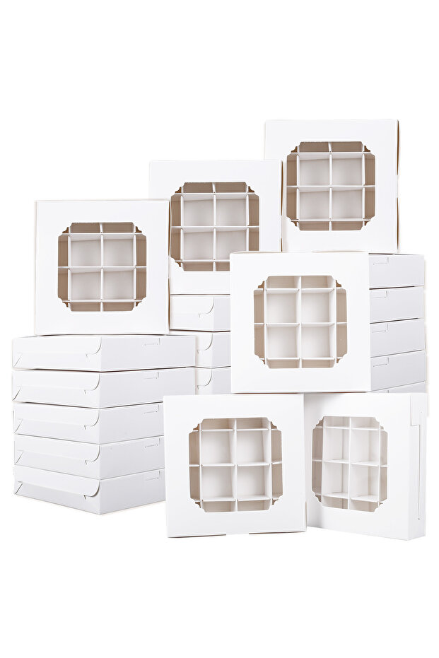 14.5 × 14.5 × 3 سم 20 قطعة 20/40 قطعة صناديق حلوى بيضاء فارغة مع نافذة شفافة وحشوات