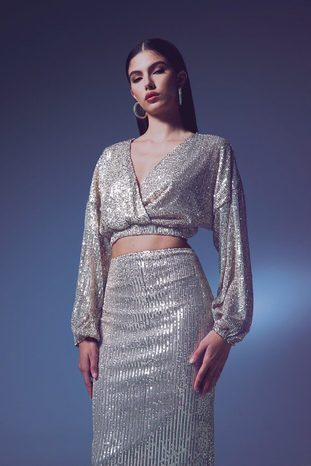 بلوزة مطرزة بترتر - بيج - 1