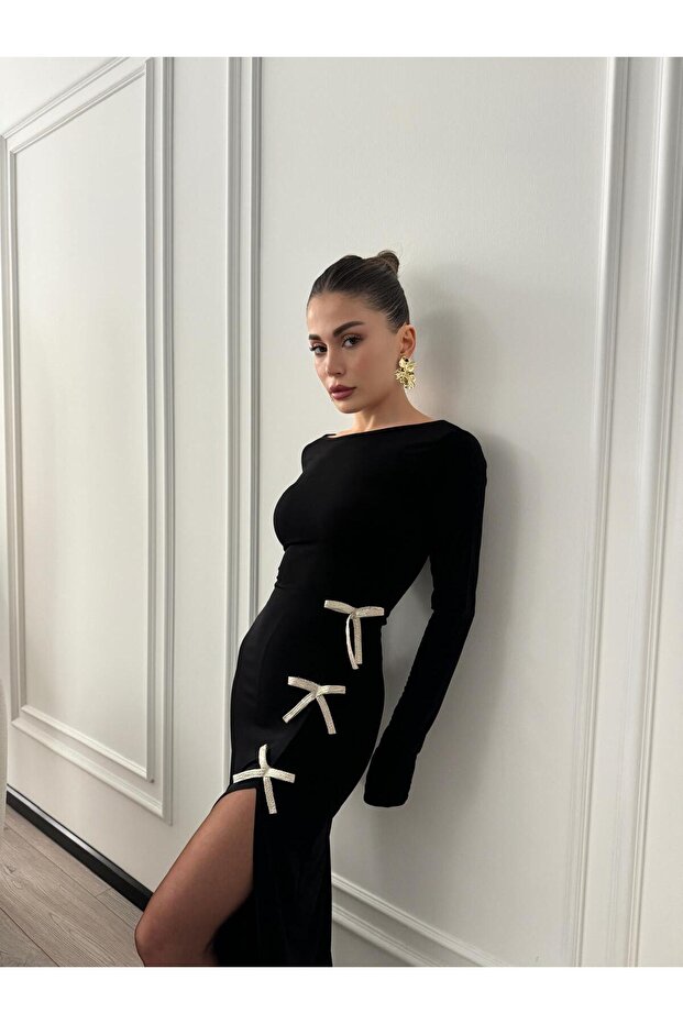 Fiyonklu Yırtmaçlı Maxi Boy Siyah Elbise - 5