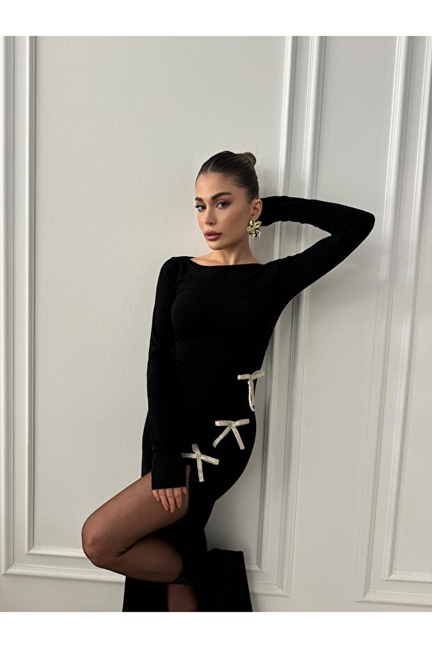 Fiyonklu Yırtmaçlı Maxi Boy Siyah Elbise - 2