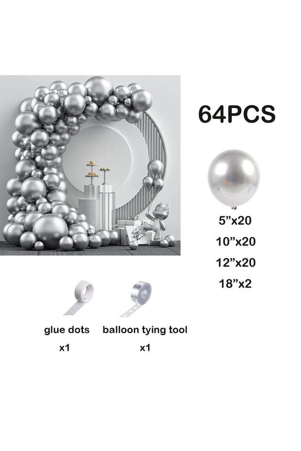 O 10inch 64PCS Metallic Silver Balloons Garland Arch Kit Silver Anniversary Theme Balloon Wedding Bi