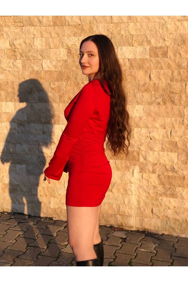 Kadın Tek Omzu Açık Büzgülü Sandy Elbise - 9