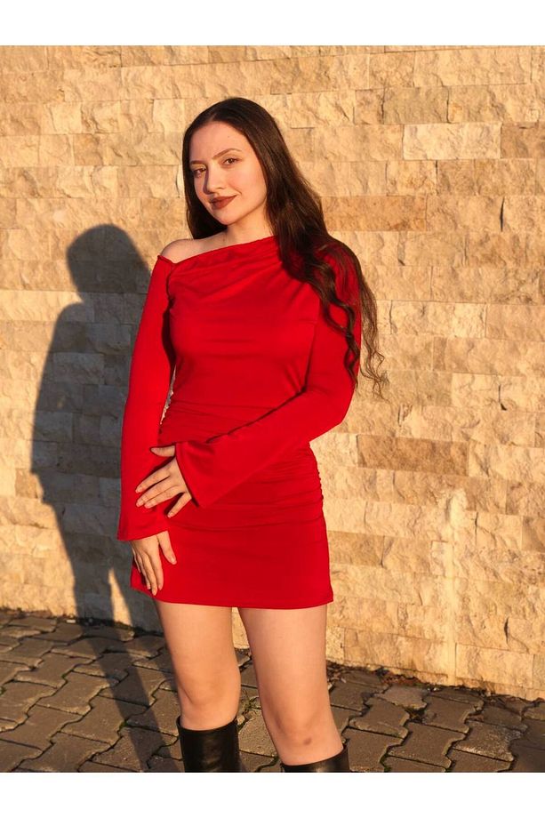 Kadın Tek Omzu Açık Büzgülü Sandy Elbise - 5