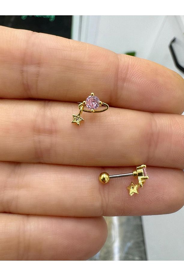pembe zirkon taşlı 1 adet tragus helix lobe conch flat uyumlu piercing küpe - 1