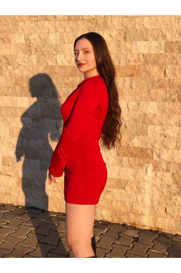 Kadın Tek Omzu Açık Büzgülü Sandy Elbise - 6