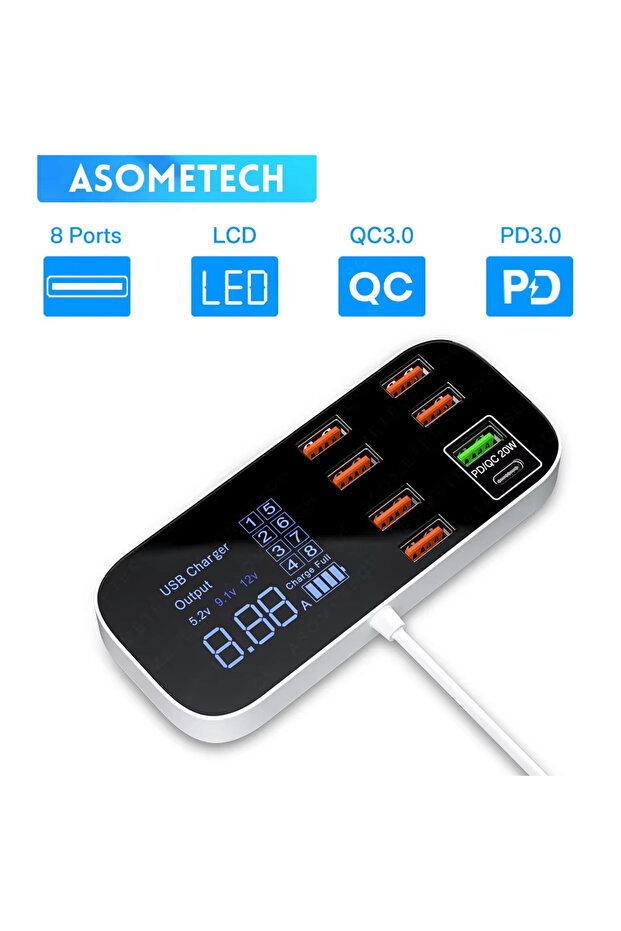 شاحن USB سريع الشحن مزود بشاشة رقمية ومقبس الاتحاد الأوروبي ومحول شاحن الهاتف المحمول والكمبيوتر اللوحي وشحن سريع