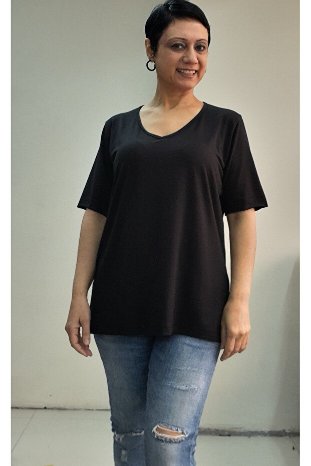 Black V-Neck Short Sleeve Combed Cotton Viscose T-Shirt