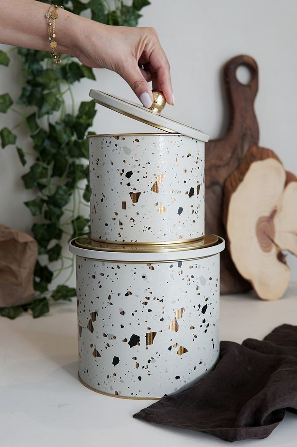 Terrazzo Desenli Metal Saklama Kabı Seti - 2'li Set (1,7 LT - 3,5 LT), Erb45u4 - 1