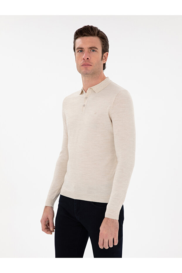 Bej Slim Fit Yün Karışımlı Polo Yaka Basic Triko Kazak 50293274-VR011 - 1