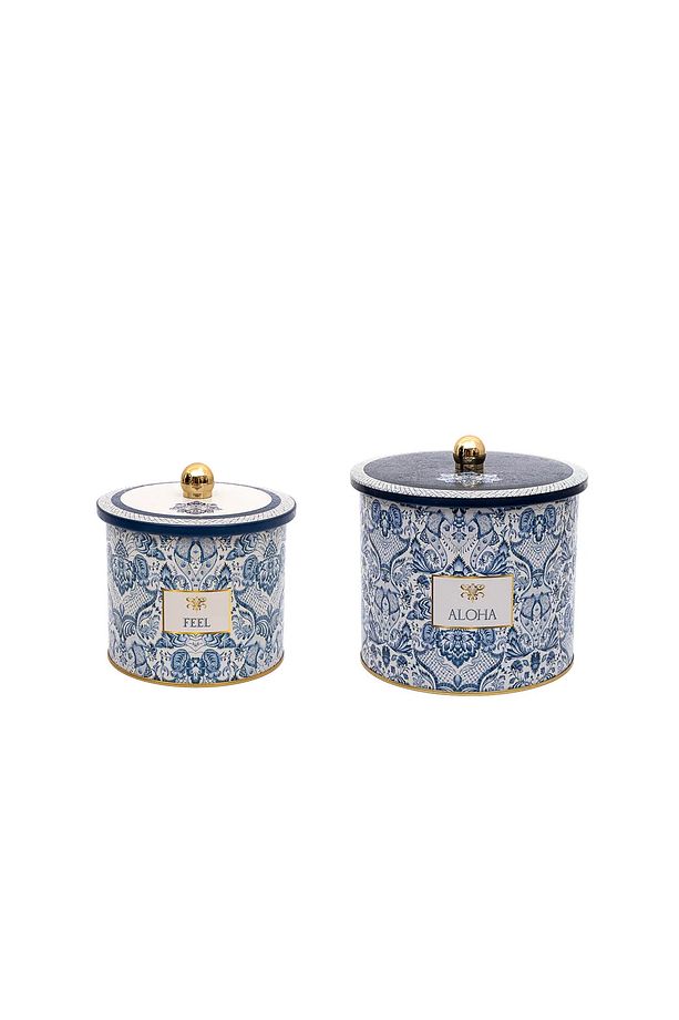 Azulejos Desenli Metal Saklama Kabı Seti - 2'li Set (1,7 LT - 3,5 LT) - 3