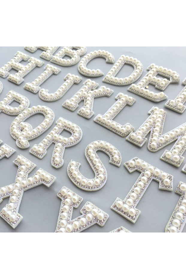26PCS 26Pcs 3D White Bottom Pearl Letter Patches English Alphabet Rhinestone Applique for Clothes I