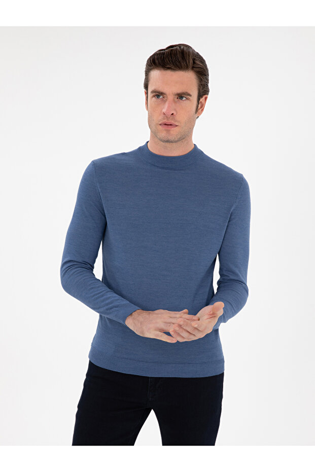 Koyu Mavi Slim Fit Yün Karışımlı Çeyrek Balıkçı Yaka Basic Triko Kazak 50296402-VR032 - 1