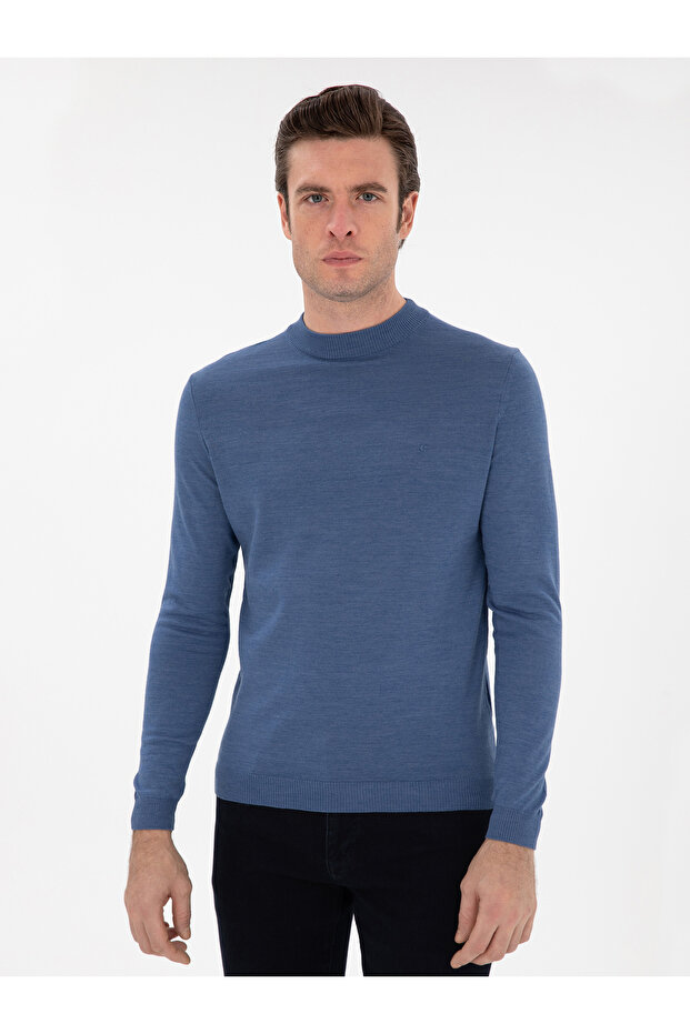 Koyu Mavi Slim Fit Yün Karışımlı Çeyrek Balıkçı Yaka Basic Triko Kazak 50296402-VR032 - 3