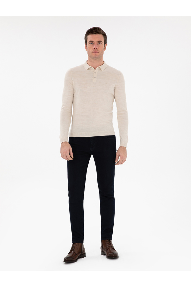Bej Slim Fit Yün Karışımlı Polo Yaka Basic Triko Kazak 50293274-VR011 - 4