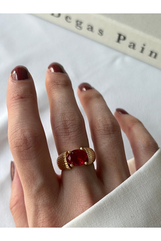 خاتم من الحجر الأحمر مع خط ذهبي - 5