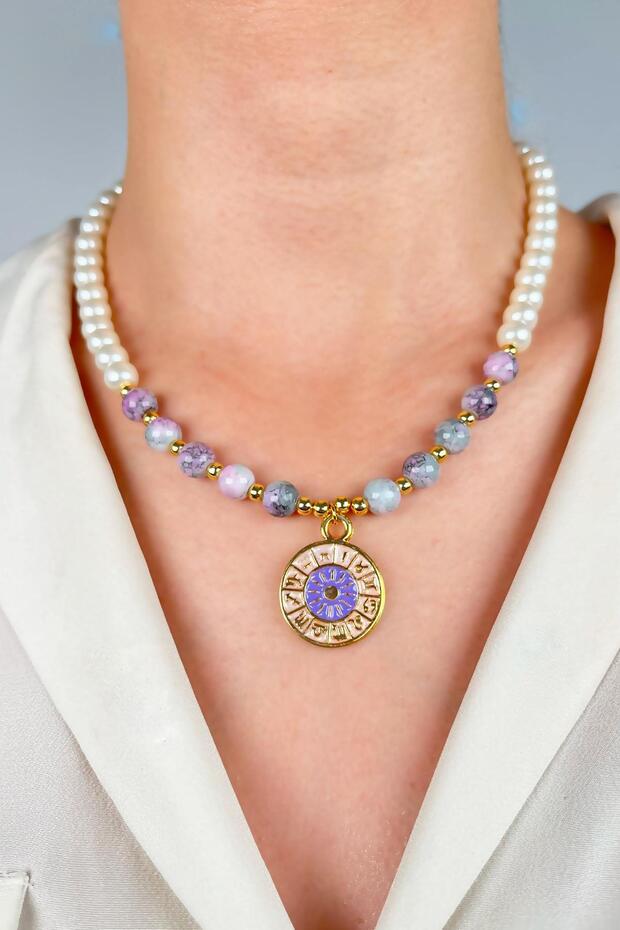 Lilac Zodiac Medallion End Pearl and Bead Necklace