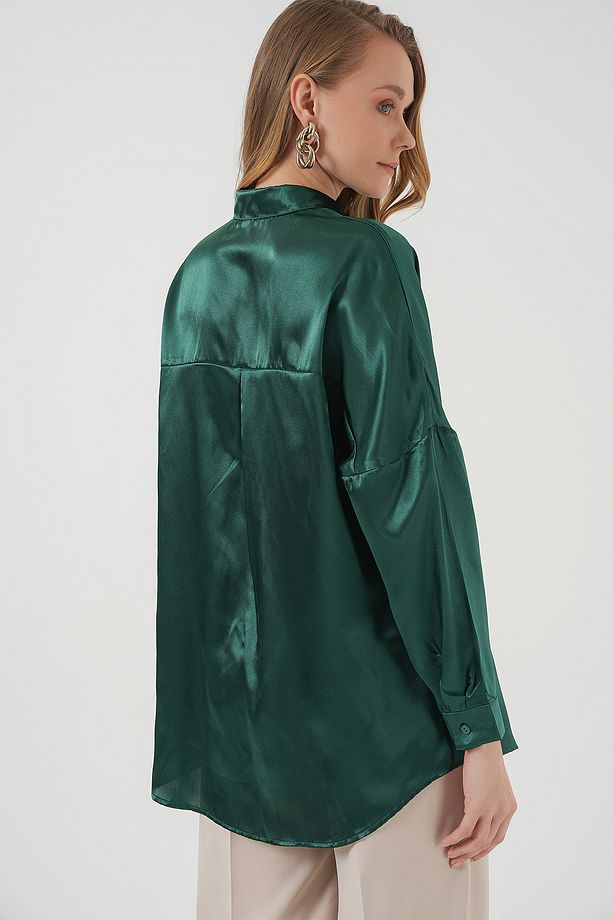 3985 Oversize Saten Gömlek - Zümrüt Yeşili - 6