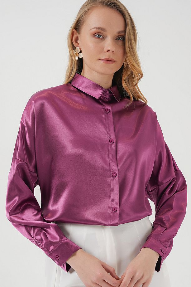 3985 Oversize Saten Gömlek - Koyu Lila - 1