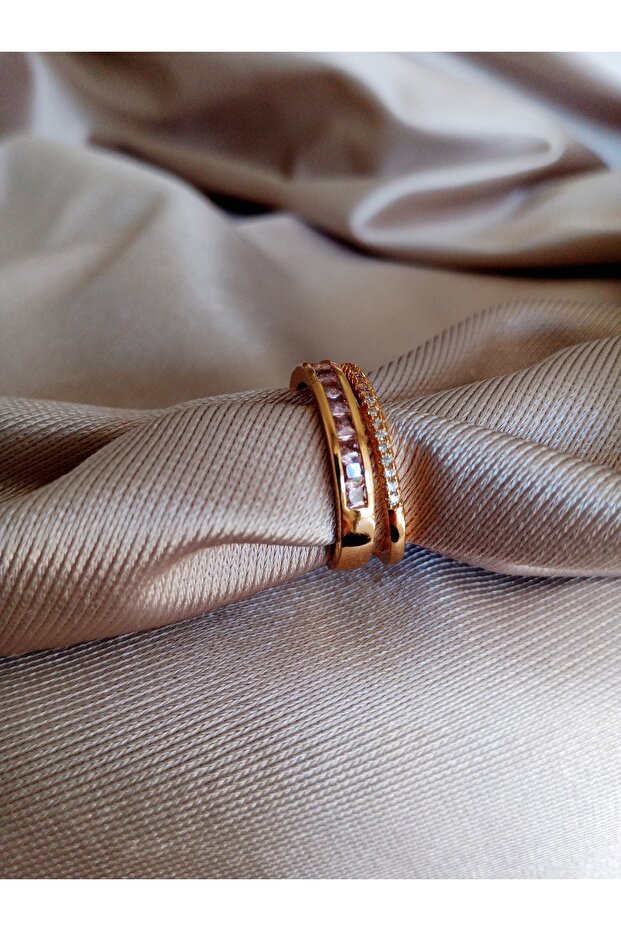 خاتم قابل للتعديل بتصميم حجري مزدوج من الذهب الوردي - 1