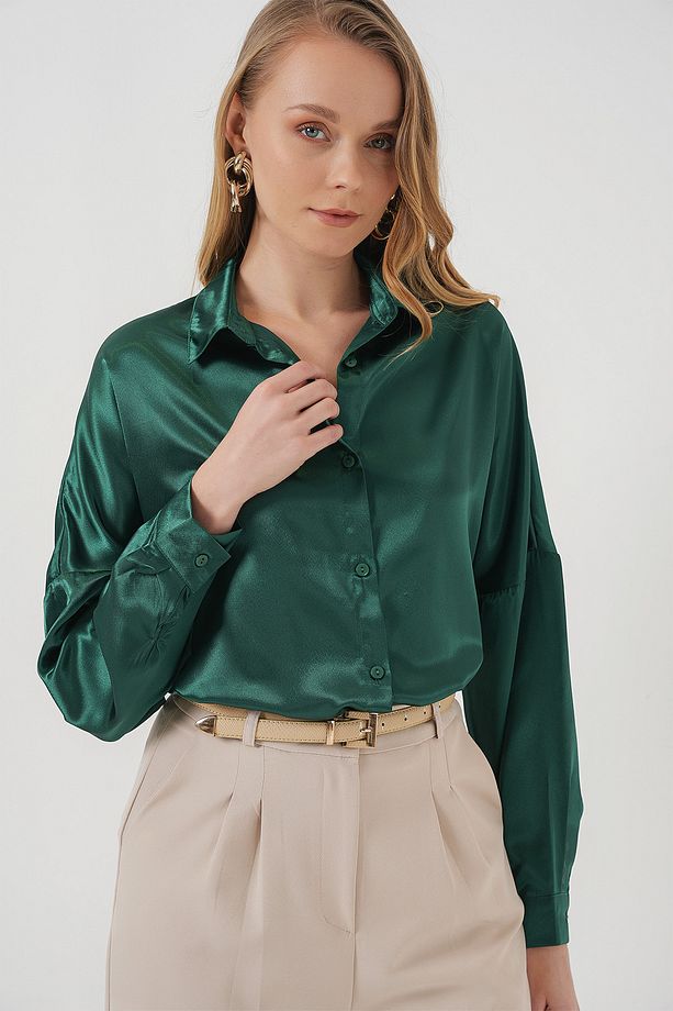 3985 Oversize Saten Gömlek - Zümrüt Yeşili - 3