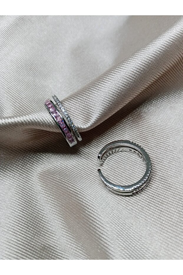 Silver Double Adjustable Ring with Pink Stone - 1