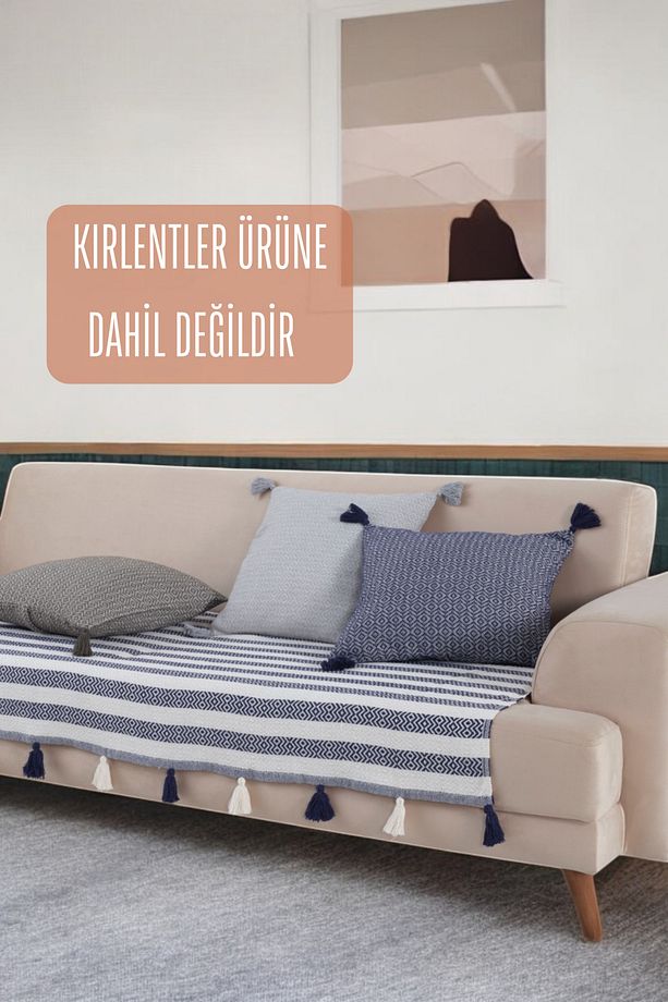 Moda Ponponlu Lacivert Koltuk Örtüsü 115x 200 cm Kanepe Divan Berjer Çekyat Örtüsü Şalı Püsküllü - 2