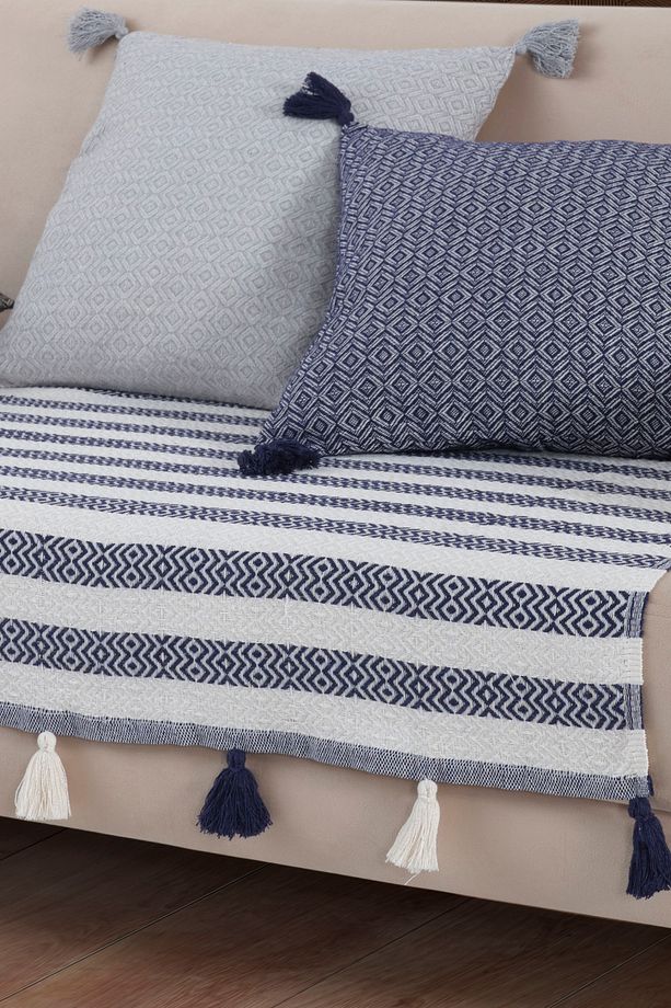 Moda Ponponlu Lacivert Koltuk Örtüsü 115x 200 cm Kanepe Divan Berjer Çekyat Örtüsü Şalı Püsküllü - 3