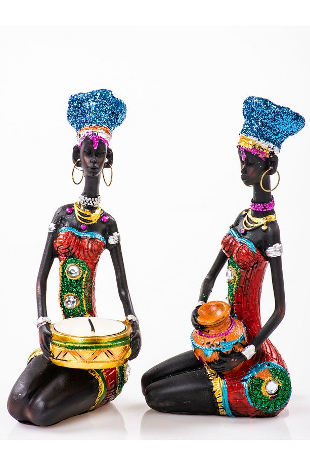 İkili Set Afrikalı Biblo & Tealight Mumluk, Polyester Dekoratif biblo set, 16x8x5 cm - 2