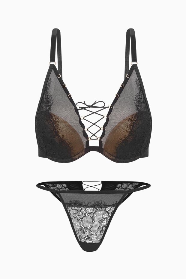 Lace Tulle Bra Panty Set with Binding Detail - Without Padding - Fashion - 2579 - Black Skin Tone