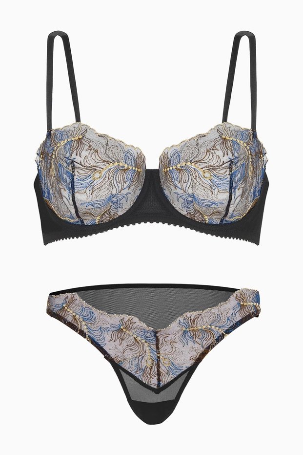 Tulle Detail, Glittery Sequin-Embellished Balconette Bra and Panty Set - Cup-Free - Fashion - 2587 - Black