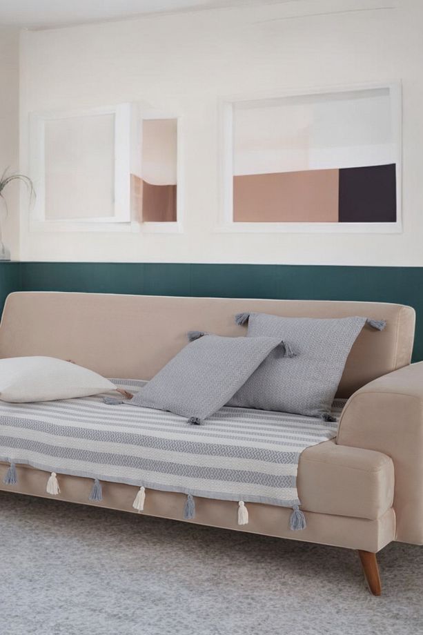 Moda Ponponlu Gri Koltuk Örtüsü 115x 200 cm Kanepe Divan Berjer Çekyat Örtüsü Şalı Püsküllü - 1