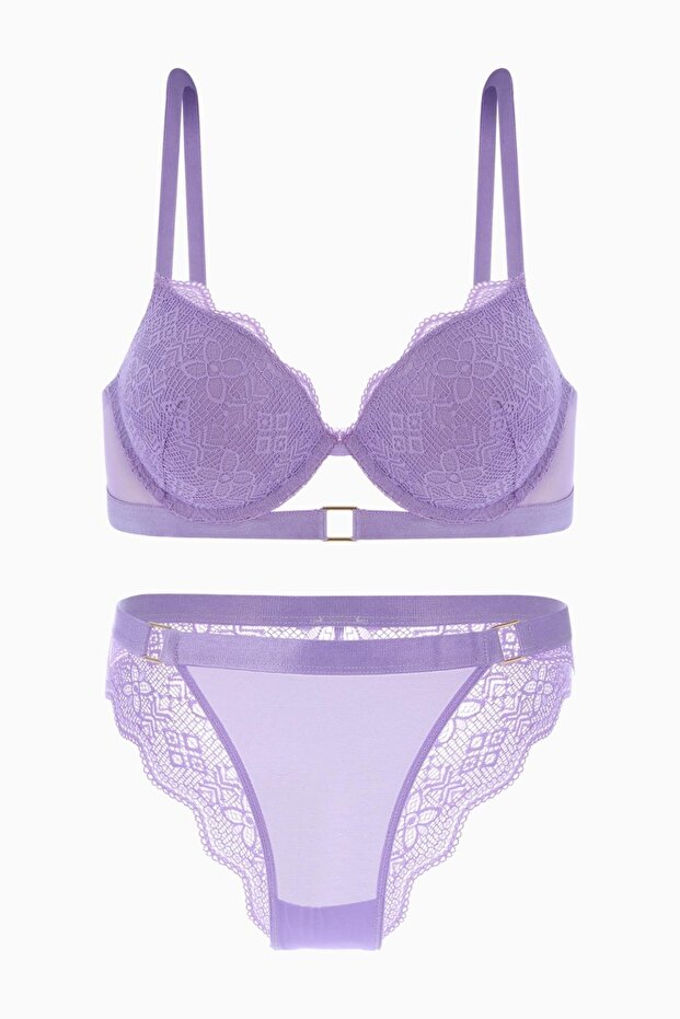 Andes Lace Bra Panty Set with Metal Accessories - Extra Push Up, Padded - 2576 - Lilac