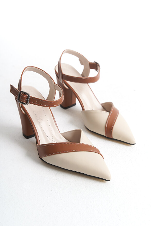 Cream-Brown Ankle Strap Classic Heeled Women's Shoes