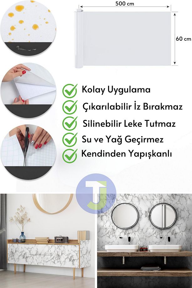 Kendinden yapışkanlı Mermer Desen Folyo Mutfak Banyo Tezgah Duvar Kaplama 60cmX500cm - 8