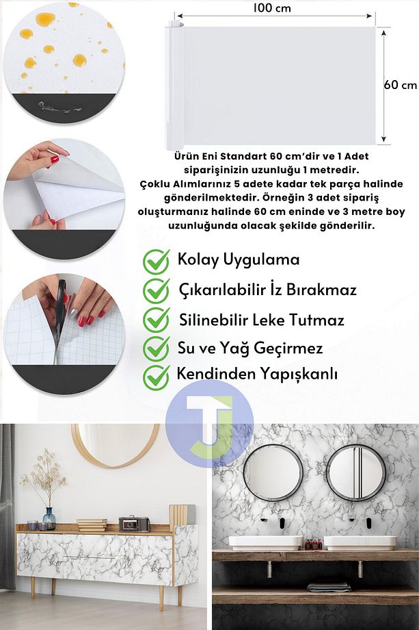 Kendinden yapışkanlı Mermer Desen Folyo Mutfak Banyo Tezgah Duvar Kaplama 60cmX100cm - 8