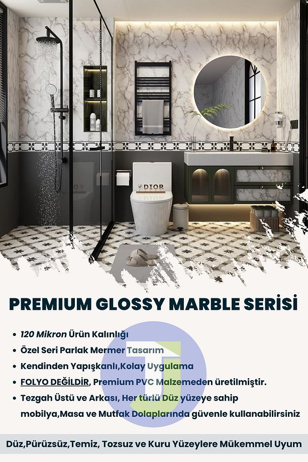 Kendinden yapışkanlı Mermer Desen Folyo Mutfak Banyo Tezgah Duvar Kaplama 60cmX500cm - 7