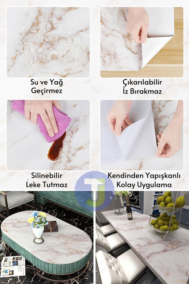 Kendinden yapışkanlı Mermer Desen Folyo Mutfak Banyo Tezgah Duvar Kaplama 60cmX100cm - 7