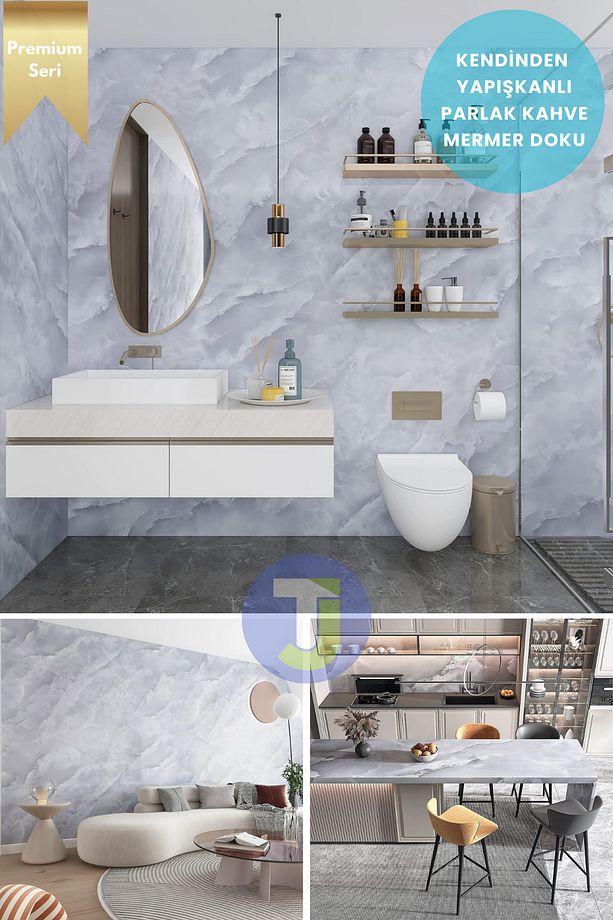 Kendinden yapışkanlı Mermer Desen Folyo Mutfak Banyo Tezgah Duvar Kaplama 60cmX300cm - 5