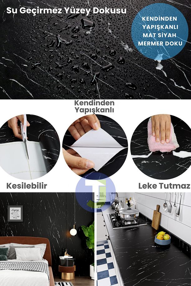 Kendinden yapışkanlı Mat Mermer Desen Folyo Mutfak Banyo Tezgah Duvar Kaplama 60cmX100cm - 4