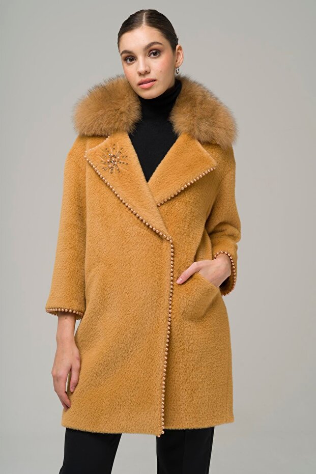 Removable Fur Embellishment and Pearl Detail Plush Coat Kamel 3959-Tk