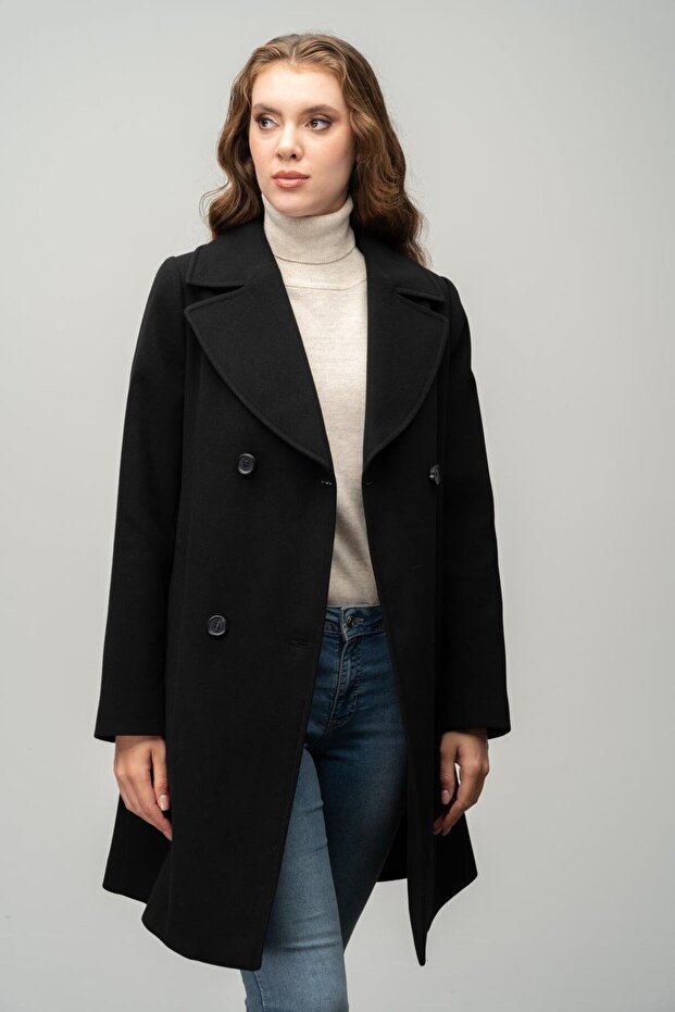 Double-Breasted Waist-Tied Coat Black 3058