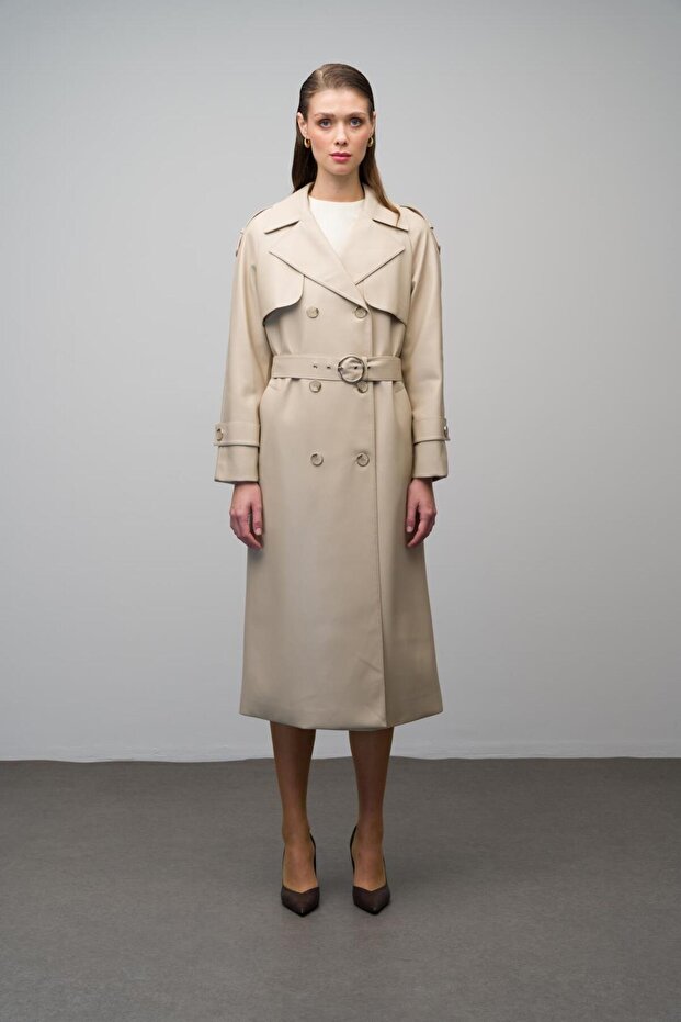 Epaulet und Cape Detaillierte Reglan Ärmel Zweireiher Leder Trenchcoat BEIGE 6610 - 2