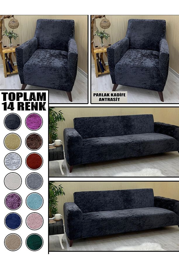 PARLAK KADİFE KUMAŞ 2 ADET ÜÇLÜ & ÇEKYAT- 2 ADET TEKLİ SET KOLTUK KILIFI - 1