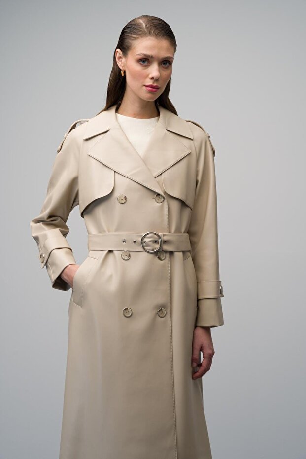 Epaulet und Cape Detaillierte Reglan Ärmel Zweireiher Leder Trenchcoat BEIGE 6610 - 4