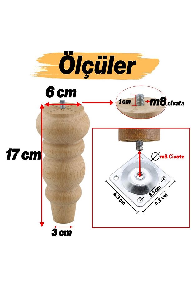 4 ADET Ahşap 17 cm Bağlantı Aparat Mobilya Koltuk Kanepe Berjer Ayağı Yükseltici Ayakları M8 Civata - 3