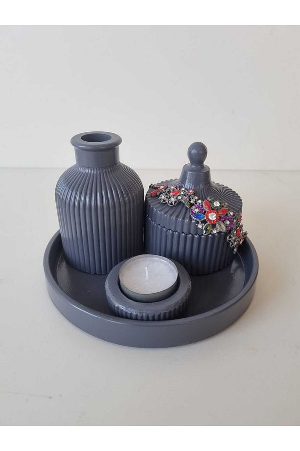 Minimal antrasit dekorasyon seti - tepsi vazo şekerlik tealight seti - 1